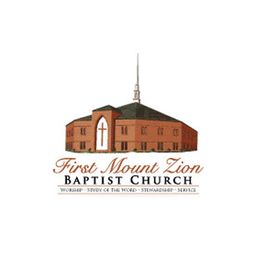 Illustration of First Mount Zion Baptist Church with texts about worship and service.
