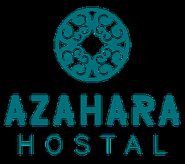 El logotipo del Hostal Azahara con diseño decorativo en azul sobre fondo blanco.