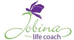 Logo mit lila Blume und Text "Jobina life coach" in grüner und lila Schrift.