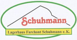 Ovales Logo mit rotem Schriftzug "Schuhmann" und gelbem Balken "Lagerhaus Farchant Schuhmann e. K."