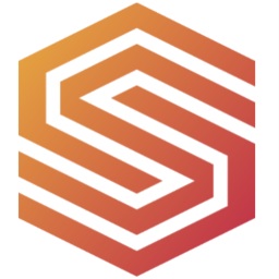 Ein sechseckiges, orange-rot kariertes Logo mit ineinander verschlungenen Linien.