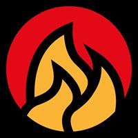 Abstraktes Flammensymbol in Gelb und Rot auf schwarzem Hintergrund.