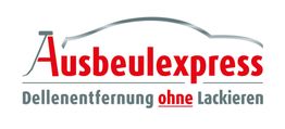 Ausbeulexpress-Logo mit Text: "Dellenentfernung ohne Lackieren". Silhouette eines Autos.