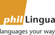 Logo mit Text "philLingua" und "languages your way" auf orange-weißem Hintergrund.