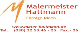 Logo von Malermeister Hallmann mit Slogan "Farbige Ideen" und Kontaktdaten.