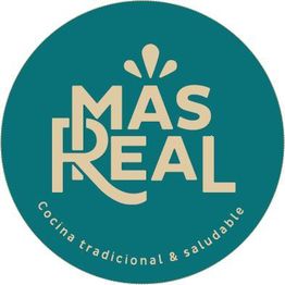 Logo redondo con texto: "Más Real". Abajo: "Cocina tradicional & saludable". Fondo verde.