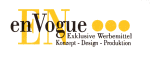 Logo mit Schriftzug: "enVogue, Exklusive Werbemittel, Konzept, Design, Produktion" in Gelb und Schwarz.