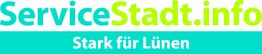 Logo mit Text "ServiceStadt.info" in Blau und Grün, darunter "Stark für Lünen" auf Türkis.