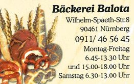Bäckerei-Anzeige mit Adresse, Telefonnummer und Öffnungszeiten in Nürnberg, Illustration mit Backwaren.