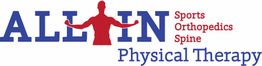 ALL IN Physical Therapy logo with a red silhouette and text about sports, orthopedics, and spine.