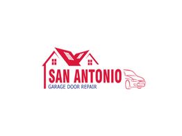 Red logo for San Antonio Garage Door Repair with house and car outline.