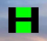 Icono de letra "H" en negro y verde sobre fondo de cielo azul y naranja.