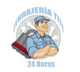 Ilustración de un cerrajero con un candado y texto: "Cerrajería Tito, 24 horas".