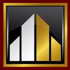 Drei stilisierte Hochhäuser, weiß und gold, auf schwarzem Hintergrund mit rotem Rahmen.