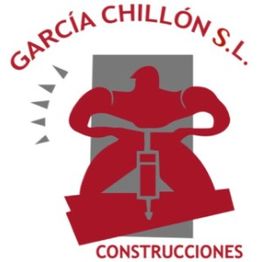 Hombre rojo con martillo neumático, texto: "García Chillón S.L. Construcciones".
