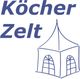 "Köcher Zelt" in blauer Schrift neben einer einfachen Zeichnung eines hohen Zeltes mit Fenstern.
