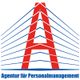 Blau-rotes "A" mit stilisiertem Gebäude, Text: "Agentur für Personalmanagement".