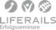 Logo der Liferails Erfolgsseminare mit drei Symbolen: Pfeil, Figur, Gittermuster.