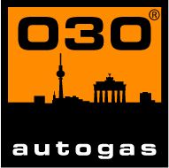 Schwarzes Logo mit Berliner Skyline, Text "030 autogas" auf orangefarbenem Hintergrund.