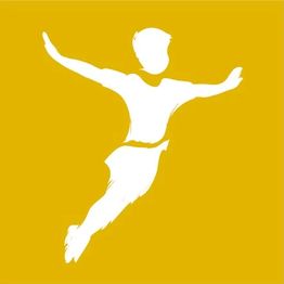 Silhouette eines fliegenden Jungen auf gelbem Hintergrund, Arme ausgestreckt.