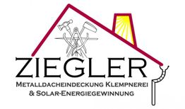 Logo mit einem roten Dach, Werkzeug und Sonne. Text: "Ziegler Metallbedachung, Klempnerei & Solar".