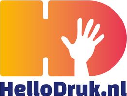 Logo van HelloDruk.nl met een gestileerde hand op een oranje-rode achtergrond.