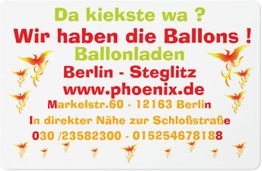Werbeschild für einen Ballonladen in Berlin-Steglitz mit Kontaktinformationen und Website.