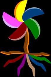 Ilustración de flor abstracta con pétalos y raíces multicolores sobre fondo negro.