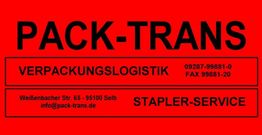 Rotes Schild mit "PACK-TRANS", "VERPACKUNGSLOGISTIK", Adresse und Kontaktinformationen.