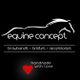 Schwarzes Logo mit Pferdemotiv: "equine concept". Text: Stirnbänder, Trensen, Accessoires.