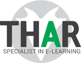 Logo van THAR: Specialist in E-learning, met grijze achtergrond en groene 'A'.