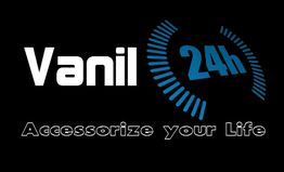 Vanil 24h Logo mit Slogan "Accessorize your Life", schwarzer Hintergrund, blaue und weiße Schrift.