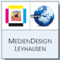 Logos: Bunter Drucker und Weltkugel, darunter Text "MedienDesign Leyhausen".