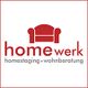 Rotes Sofa über dem Text "homewerk" und darunter "homestaging • wohnberatung" in Rot.
