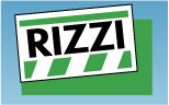 Logo RIZZI su sfondo verde e azzurro.