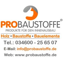 PROBAUSTOFFE Logo mit Kontaktdaten: Telefonnummer, E-Mail und Website. Produkte für Innenausbau.