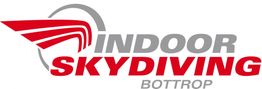 Logo von Indoor Skydiving Bottrop mit stilisiertem roten Flügel und Schriftzug in Grau und Rot.