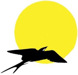 Ein schwarzer Vogel fliegt vor einer großen gelben Sonne.