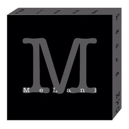 Black cube with a large "M" and "Melani" on the front, "Pizza," "Pasta," "NYC" on the sides.