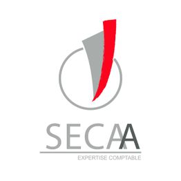 Logo SECAA avec un arc gris et rouge, texte "EXPERTISE COMPTABLE" en dessous.