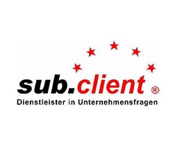 Logo mit Text: "sub.client – Dienstleister in Unternehmensfragen" und fünf roten Sternen darüber.