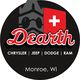 Logo for Dearth Chrysler Jeep Dodge Ram in Monroe, WI, with a Swiss flag design element.