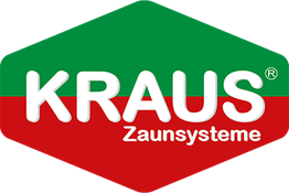 Logo mit grünem und rotem Hintergrund, Text "KRAUS Zaunsysteme" in Weiß.