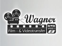 Schwarz-weißes Logo für Wagner Film- & Videotransfer mit Filmrolle und DVD-Video-Schriftzug.