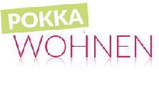 Textlogo "POKKA WOHNEN" in grün und pink auf weißem Hintergrund.
