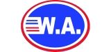 Blaues ovales Logo mit "W.A." in Weiß, umrahmt von einem roten Rand.