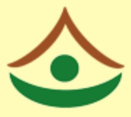 Stilisiertes Logo mit braunem Dach und grünem Kreis über geschwungener Linie auf gelbem Hintergrund.