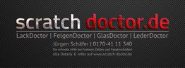 Scratch Doctor Werbebanner mit Kontaktinfos und Leistungen für Lack-, Felgen- und Lederschäden.