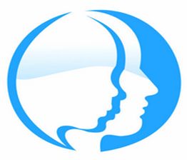 Tres perfiles de rostros en azul y blanco, sobre un fondo circular azul.