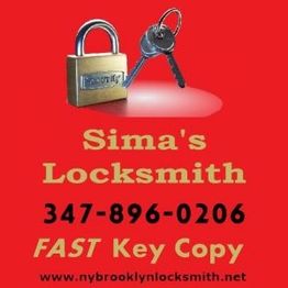 Red locksmith ad with a lock, keys, and contact info for Sima's Locksmith.